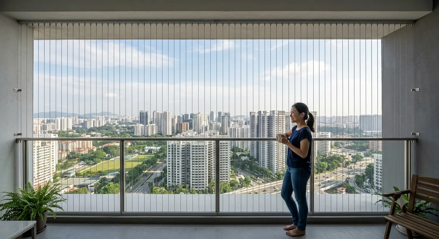 Invisible transparent cable grill on modern balcony